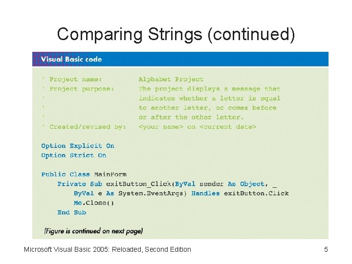 Comparing Strings (continued) Microsoft Visual Basic 2005: Reloaded, Second Edition 5 