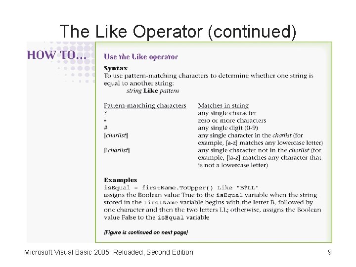 The Like Operator (continued) Microsoft Visual Basic 2005: Reloaded, Second Edition 9 