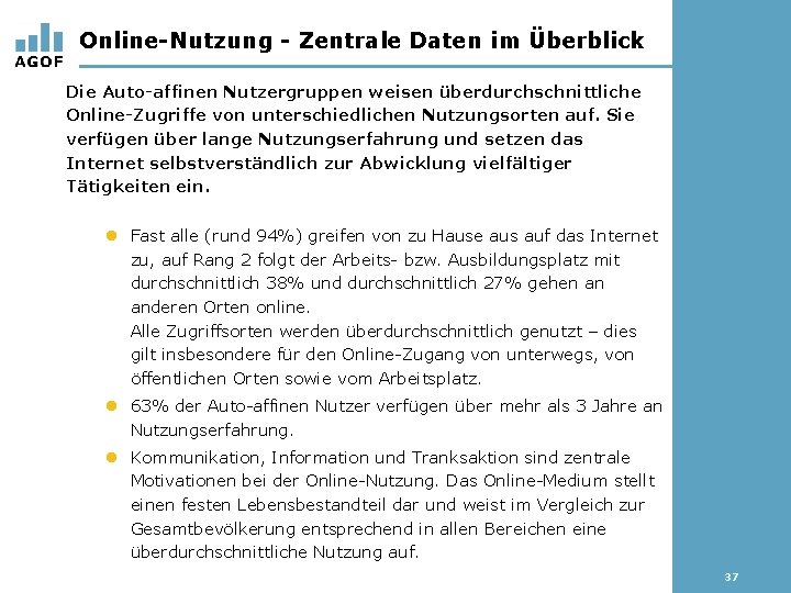 Online-Nutzung - Zentrale Daten im Überblick Die Auto-affinen Nutzergruppen weisen überdurchschnittliche Online-Zugriffe von unterschiedlichen