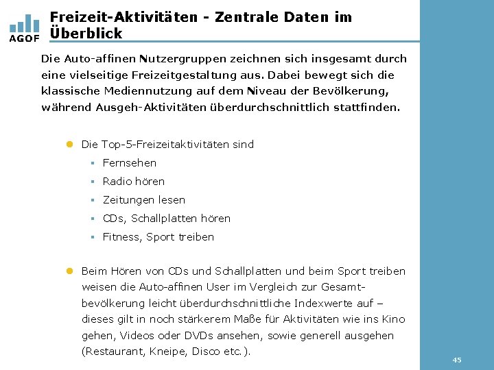 Freizeit-Aktivitäten - Zentrale Daten im Überblick Die Auto-affinen Nutzergruppen zeichnen sich insgesamt durch eine