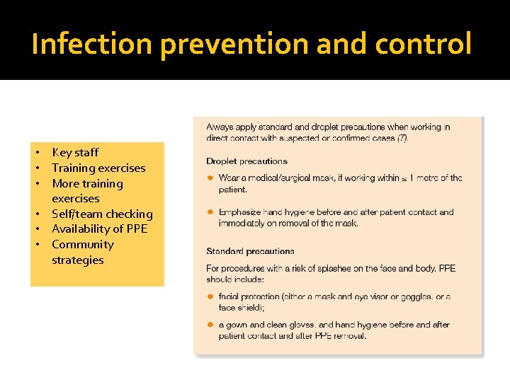 Infection prevention and control • Key staff • Training exercises • More training exercises