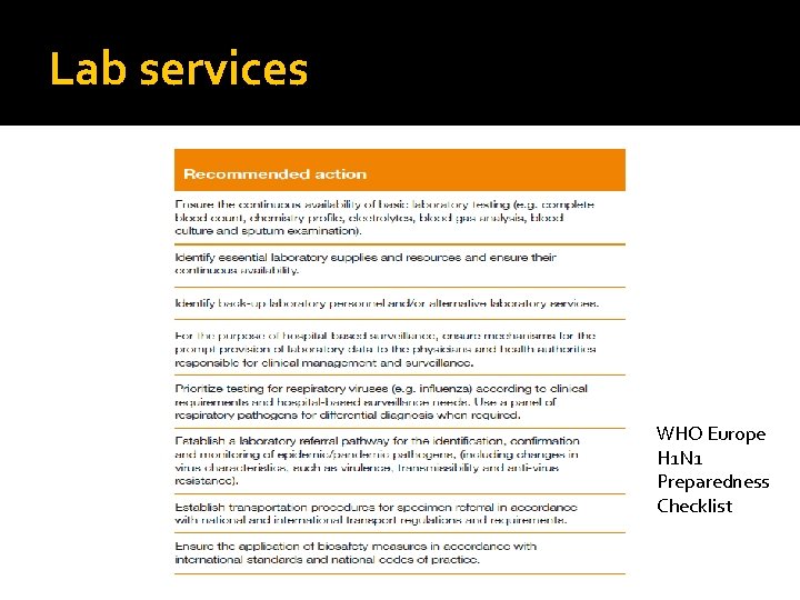 Lab services WHO Europe H 1 N 1 Preparedness Checklist 