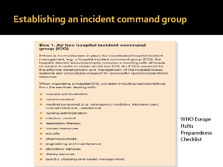 Establishing an incident command group WHO Europe H 1 N 1 Preparedness Checklist 