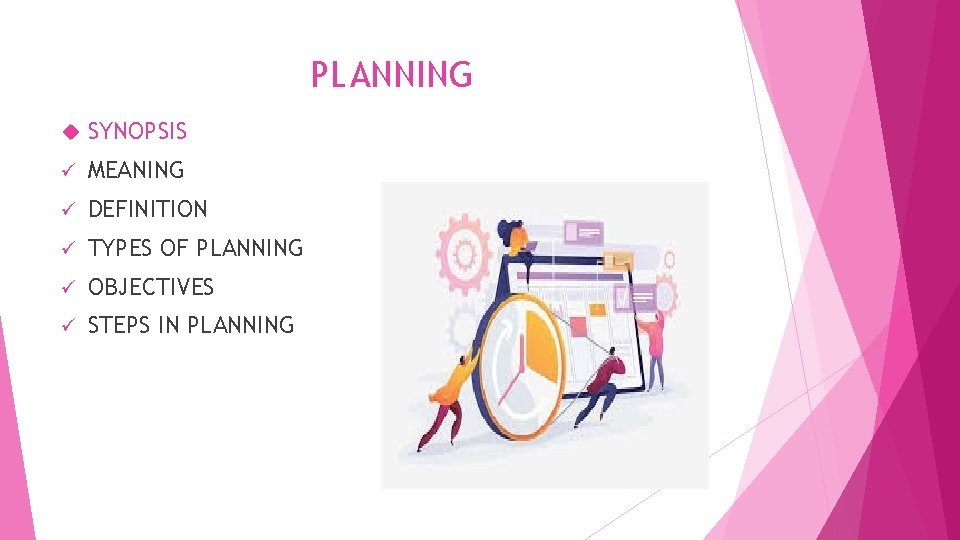 PLANNING SYNOPSIS ü MEANING ü DEFINITION ü TYPES OF PLANNING ü OBJECTIVES ü STEPS