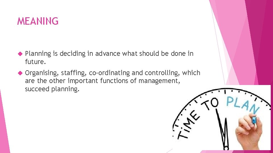 MEANING Planning is deciding in advance what should be done in future. Organising, staffing,