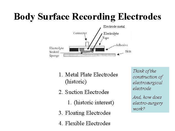 Body Surface Recording Electrodes Electrode metal Electrolyte 1. Metal Plate Electrodes (historic) 2. Suction