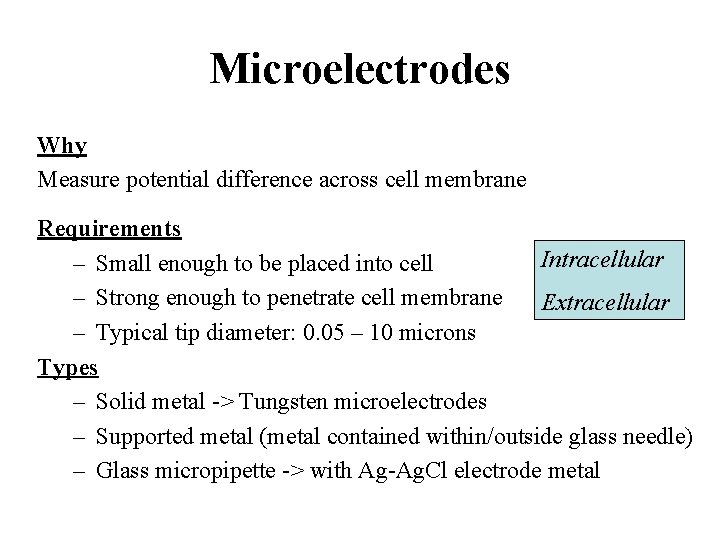 Microelectrodes Why Measure potential difference across cell membrane Requirements Intracellular – Small enough to