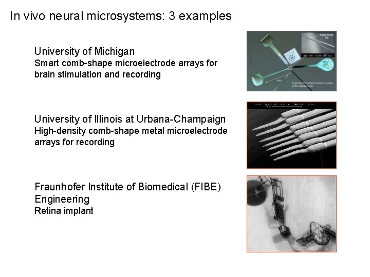 In vivo neural microsystems: 3 examples University of Michigan Smart comb-shape microelectrode arrays for