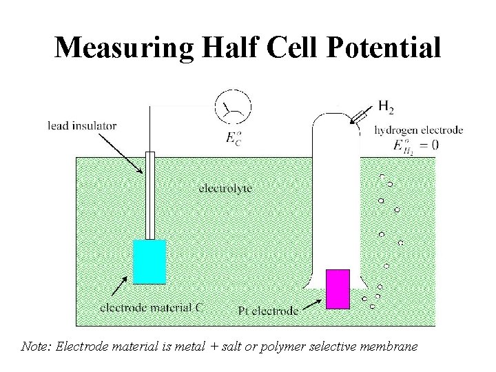 Measuring Half Cell Potential Note: Electrode material is metal + salt or polymer selective
