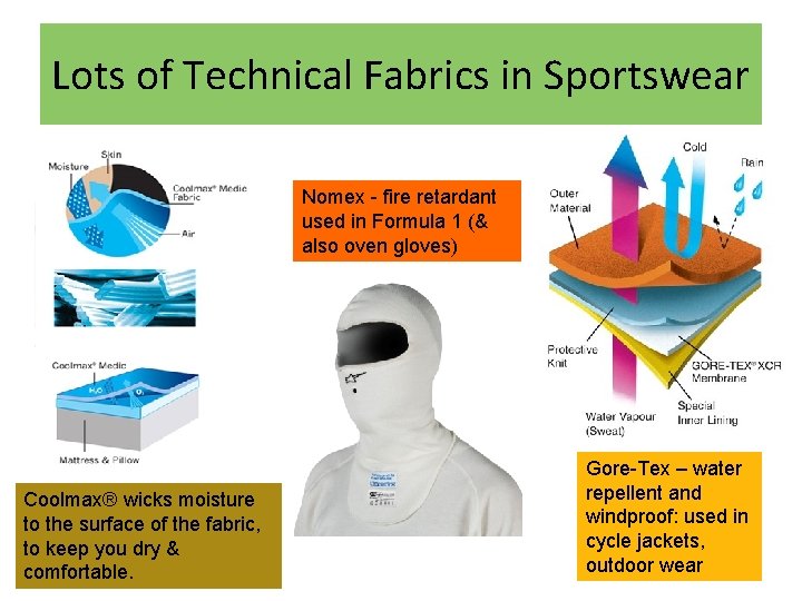 Lots of Technical Fabrics in Sportswear Nomex - fire retardant used in Formula 1