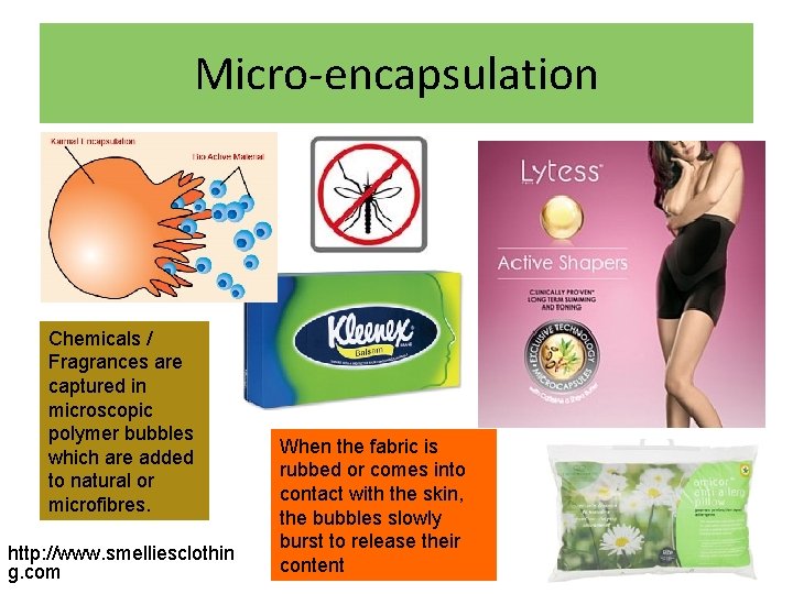 Micro-encapsulation Chemicals / Fragrances are captured in microscopic polymer bubbles which are added to