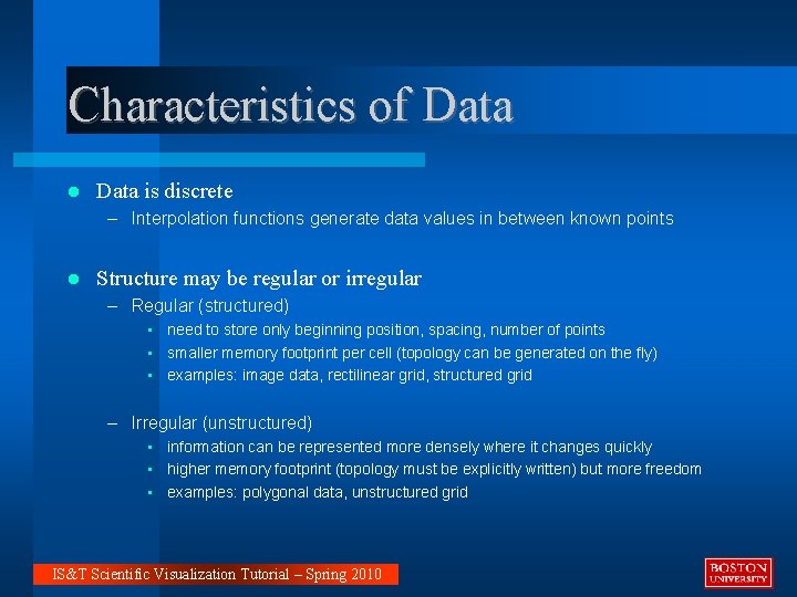 Characteristics of Data is discrete – Interpolation functions generate data values in between known