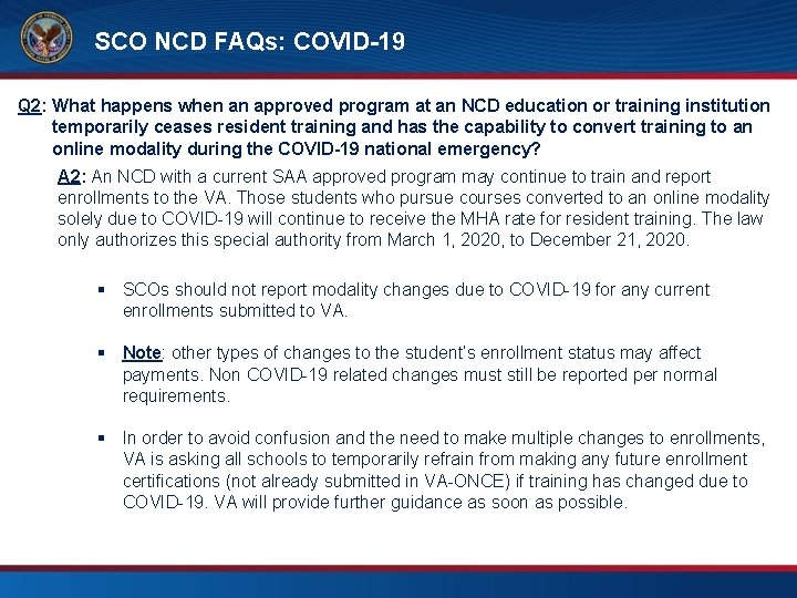 SCO NCD FAQs: COVID-19 FAQs – SCO Training Requirements Q 2: What happens when