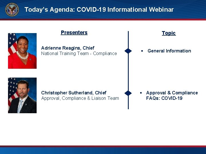 Today’s Agenda: COVID-19 Informational Webinar Presenters Topic Adrienne Reagins, Chief National Training Team -