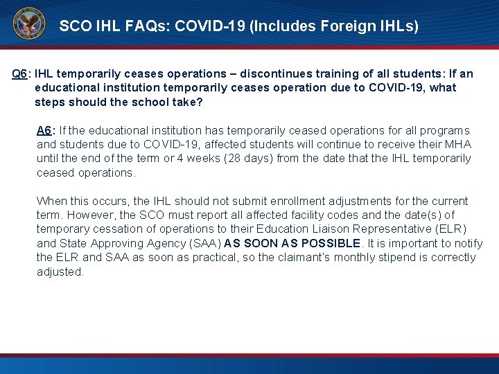 SCO IHL FAQs: COVID-19 (Includes Foreign IHLs) FAQs – SCO Training Requirements Q 6: