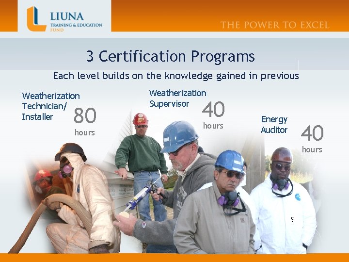3 Certification Programs Each level builds on the knowledge gained in previous Weatherization Technician/