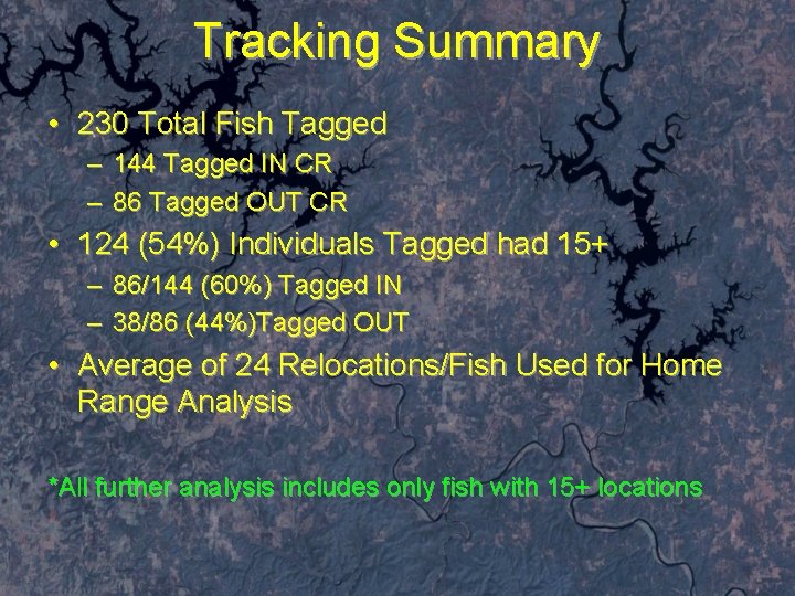 Tracking Summary • 230 Total Fish Tagged – 144 Tagged IN CR – 86