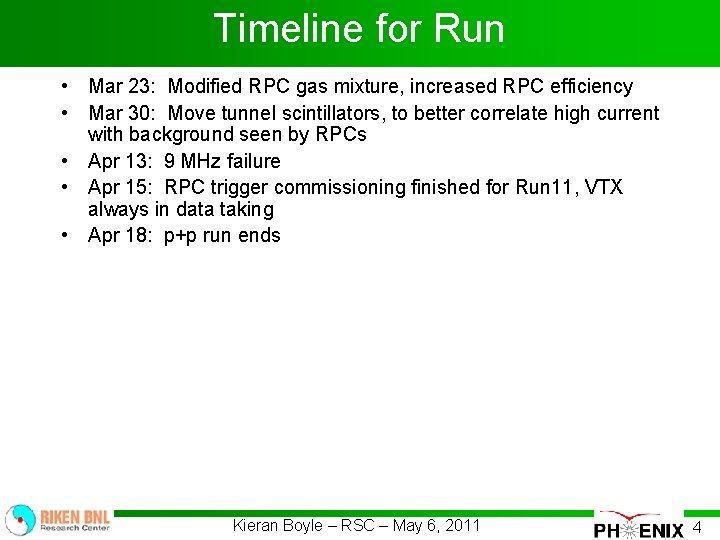 Timeline for Run • Mar 23: Modified RPC gas mixture, increased RPC efficiency •