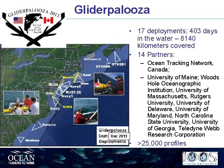 Gliderpalooza • 17 deployments; 403 days in the water – 8140 kilometers covered •