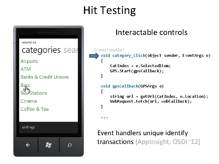 Hit Testing Interactable controls [Event Handler] void category_Click(object sender, Event. Args e) { Cat.
