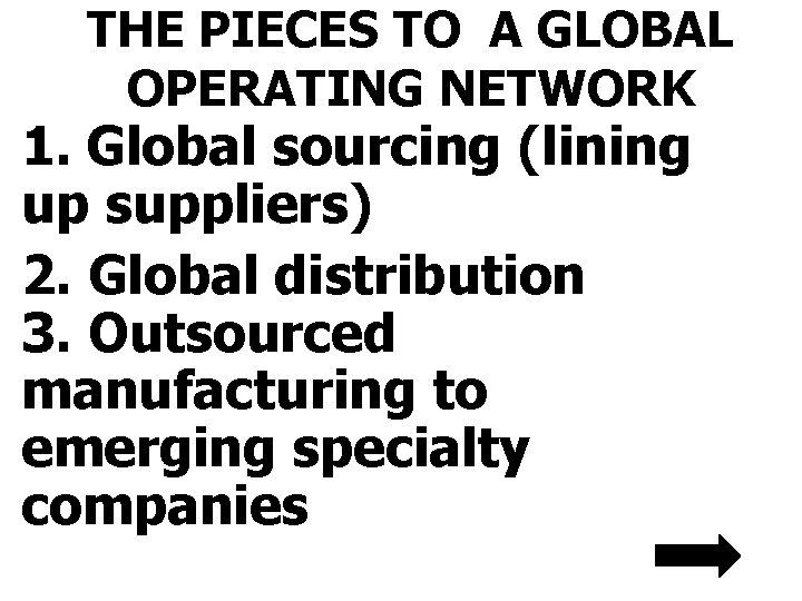 THE PIECES TO A GLOBAL OPERATING NETWORK 1. Global sourcing (lining up suppliers) 2.