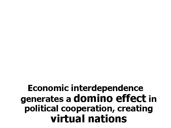Economic interdependence generates a domino effect in political cooperation, creating virtual nations 