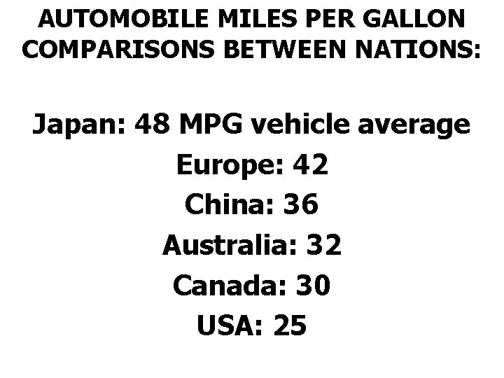 AUTOMOBILE MILES PER GALLON COMPARISONS BETWEEN NATIONS: Japan: 48 MPG vehicle average Europe: 42