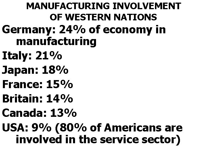 MANUFACTURING INVOLVEMENT OF WESTERN NATIONS Germany: 24% of economy in manufacturing Italy: 21% Japan: