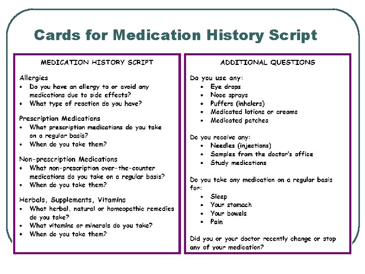 Cards for Medication History Script 