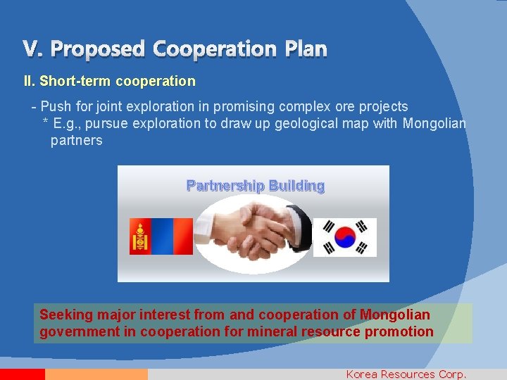 V. Proposed Cooperation Plan II. Short-term cooperation - Push for joint exploration in promising