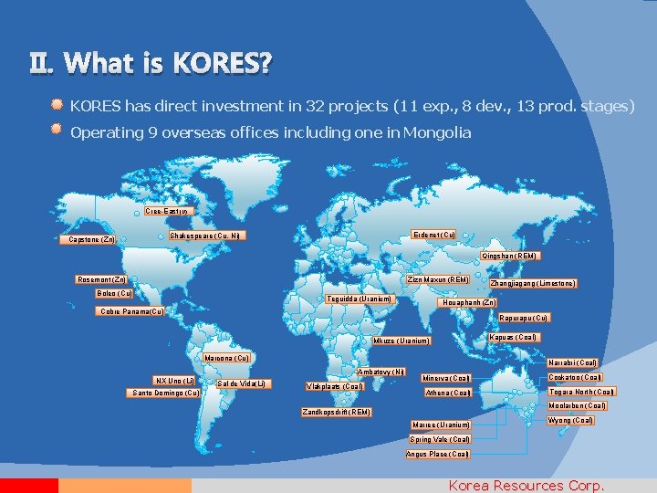 II. What is KORES? KORES has direct investment in 32 projects (11 exp. ,
