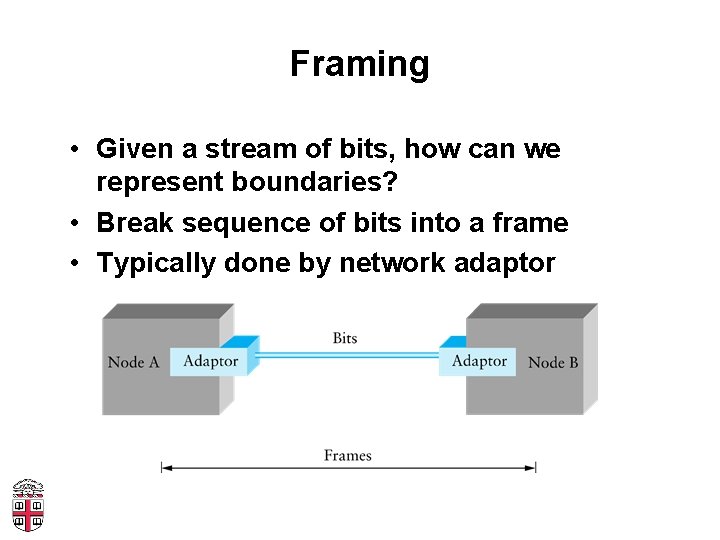 Framing • Given a stream of bits, how can we represent boundaries? • Break