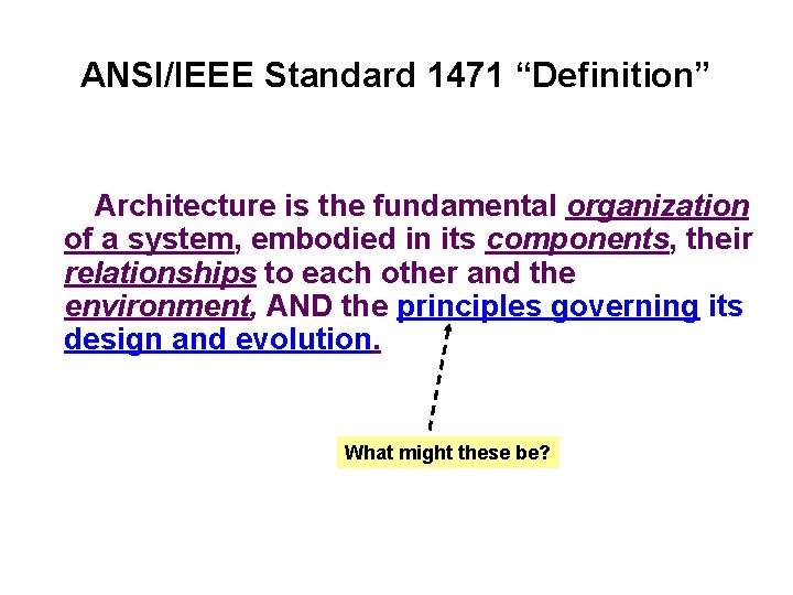 ANSI/IEEE Standard 1471 “Definition” Architecture is the fundamental organization of a system, embodied in