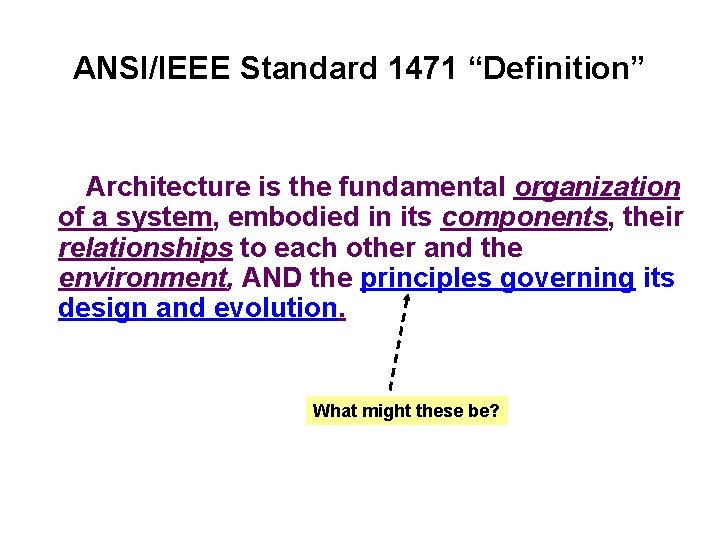 ANSI/IEEE Standard 1471 “Definition” Architecture is the fundamental organization of a system, embodied in ANSI/IEEE Standard 1471 “Definition” Architecture is the fundamental organization of a system, embodied in