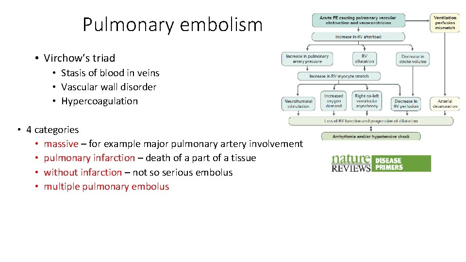Pulmonary embolism • Virchow’s triad • Stasis of blood in veins • Vascular wall