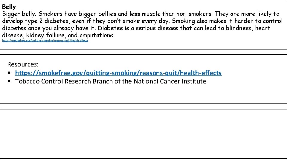Belly Bigger belly. Smokers have bigger bellies and less muscle than non-smokers. They are