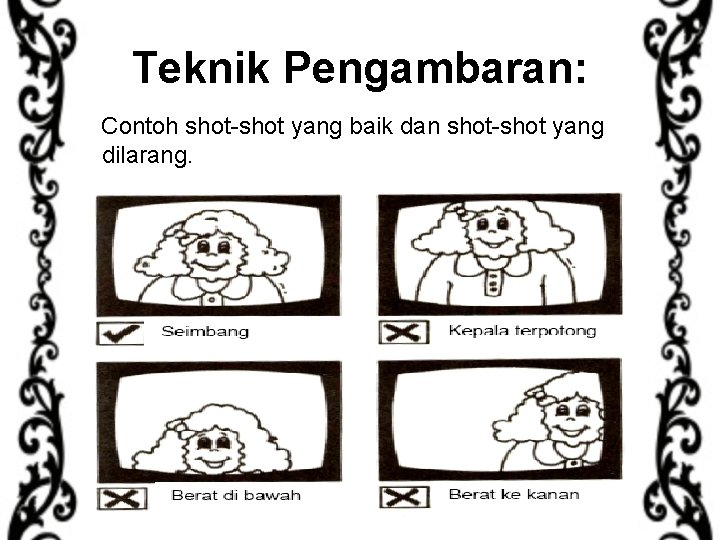 Teknik Pengambaran: Contoh shot-shot yang baik dan shot-shot yang dilarang. 