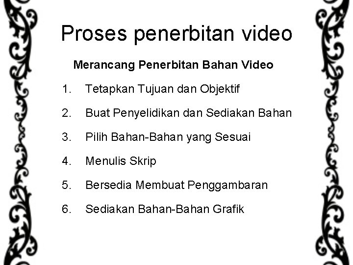 Proses penerbitan video Merancang Penerbitan Bahan Video 1. Tetapkan Tujuan dan Objektif 2. Buat