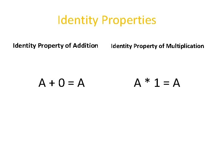 Identity Properties Identity Property of Addition A+0=A Identity Property of Multiplication A*1=A 