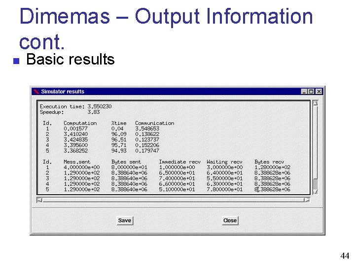 Dimemas – Output Information cont. n Basic results 44 