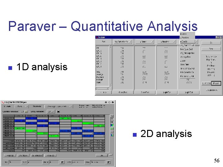 Paraver – Quantitative Analysis n 1 D analysis n 2 D analysis 56 