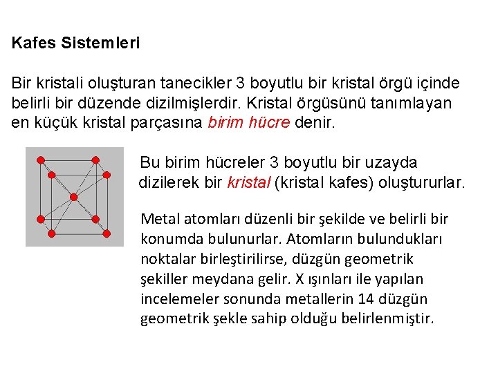 Kafes Sistemleri Bir kristali oluşturan tanecikler 3 boyutlu bir kristal örgü içinde belirli bir