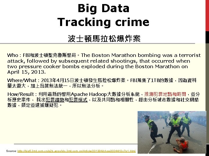 Big Data Tracking crime 波士頓馬拉松爆炸案 Who：FBI和波士頓聖克魯斯警局。The Boston Marathon bombing was a terrorist attack, followed
