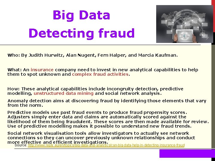 Big Data Detecting fraud Who: By Judith Hurwitz, Alan Nugent, Fern Halper, and Marcia