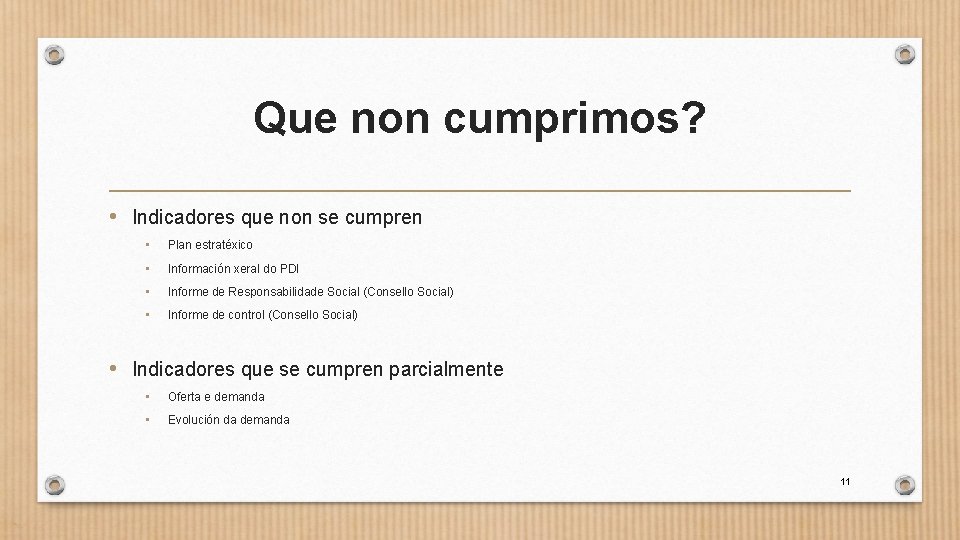 Que non cumprimos? • Indicadores que non se cumpren • Plan estratéxico • Información