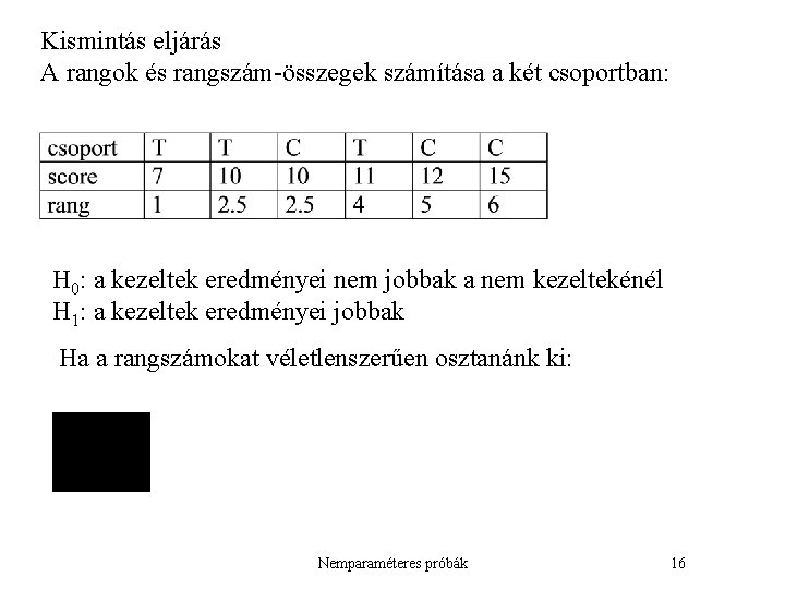 Kismintás eljárás A rangok és rangszám-összegek számítása a két csoportban: H 0: a kezeltek