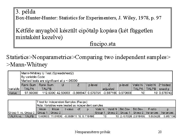3. példa Box-Hunter: Statistics for Experimenters, J. Wiley, 1978, p. 97 Kétféle anyagból készült