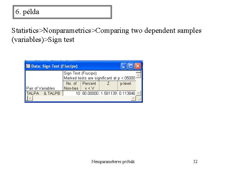 6. példa Statistics>Nonparametrics>Comparing two dependent samples (variables)>Sign test Nemparaméteres próbák 32 