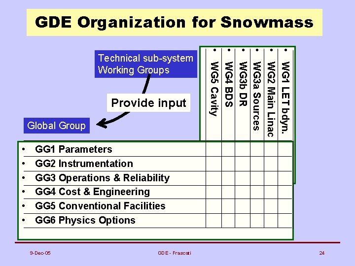 GDE Organization for Snowmass • • • Provide input Global Group • • •