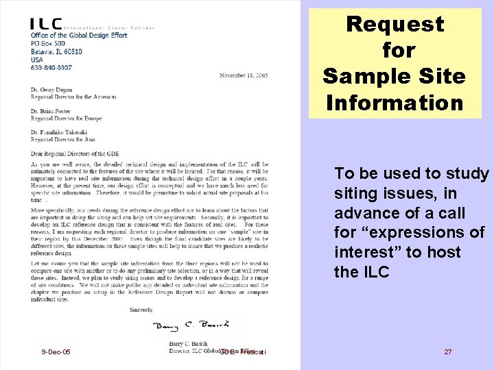 Request for Sample Site Information To be used to study siting issues, in advance